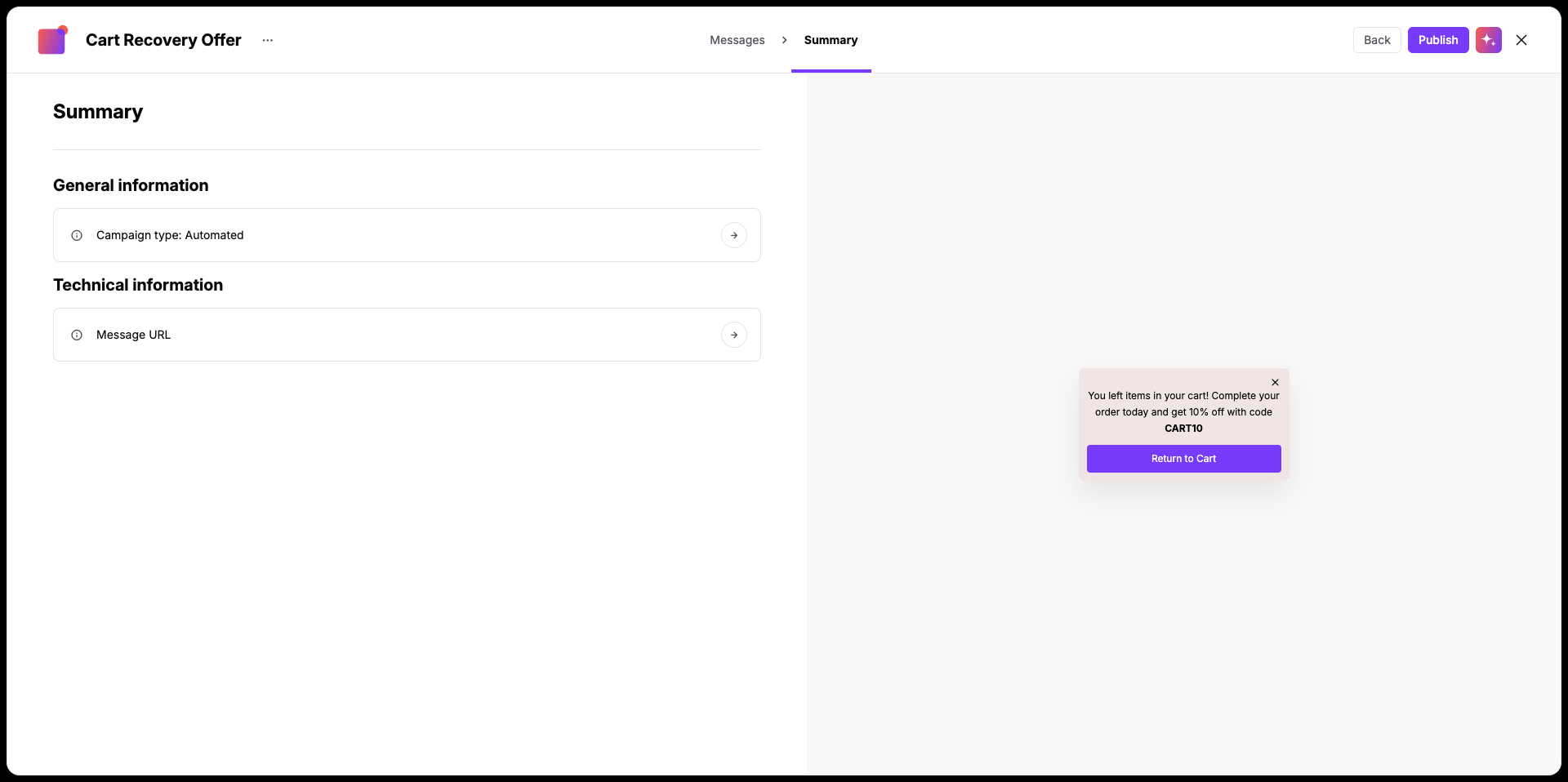 The Cart Recovery Offer Summary screen shows campaign and technical information on the left and a cart recovery popup preview on the right. Visible: Cart Recovery Offer, Messages, Summary, Back, Publish, General information.