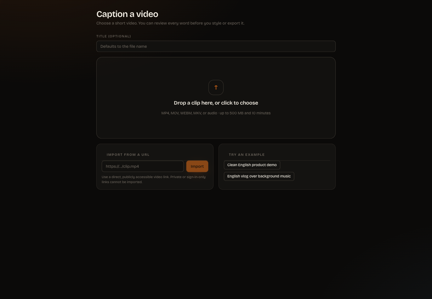 ClipSubtitles New clip page with file upload, direct URL import and example clip options.