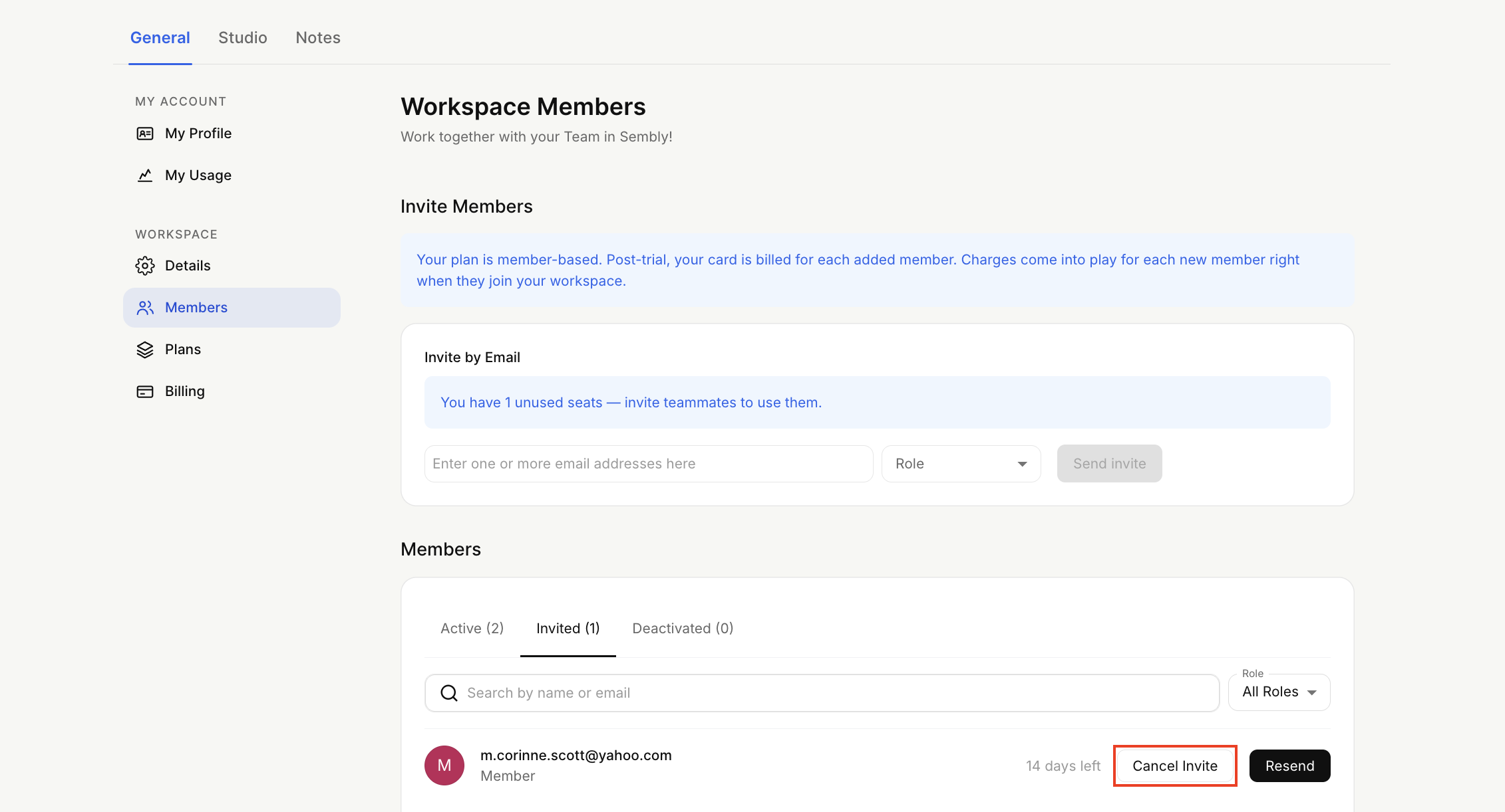 Workspace Members settings screen with the Invited tab selected; a red rectangle highlights the Cancel Invite button beside an invited member. Visible: General, Studio, Notes, Workspace Members, Invite Members, Your plan is member-based. Post-trial, your card is billed for each added member. Charges