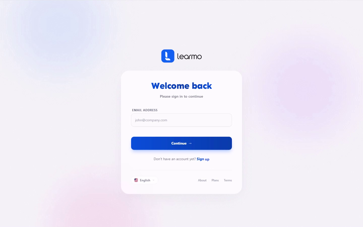 The Learmo login screen, Welcome back, with the Email Address field and the Continue button