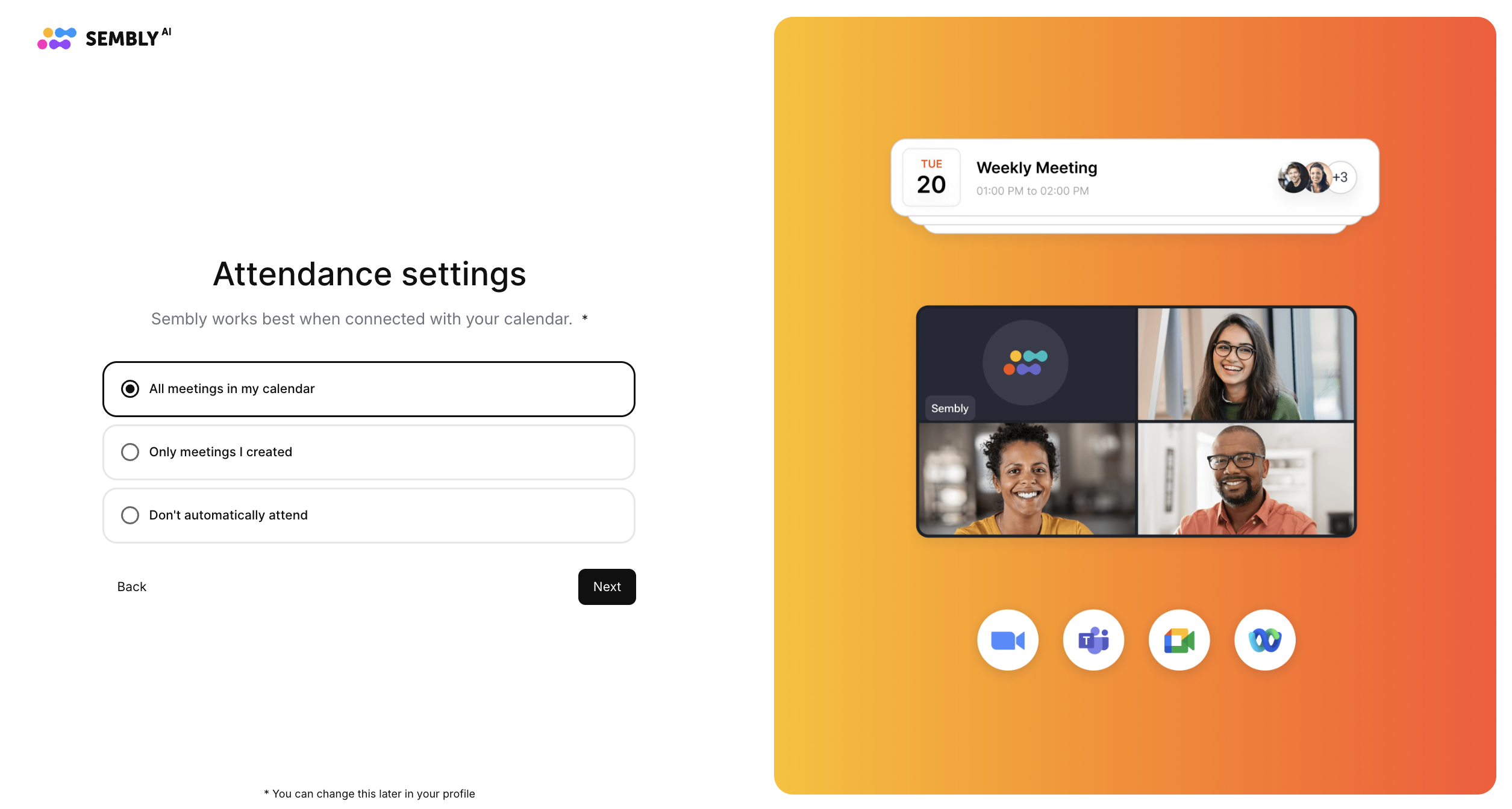 Sembly AI onboarding Attendance settings screen shows automatic meeting attendance options, with All meetings in my calendar selected. Visible: SEMBLY AI, Attendance settings, Sembly works best when connected with your calendar., All meetings in my calendar, Only meetings I created, Don't automatica