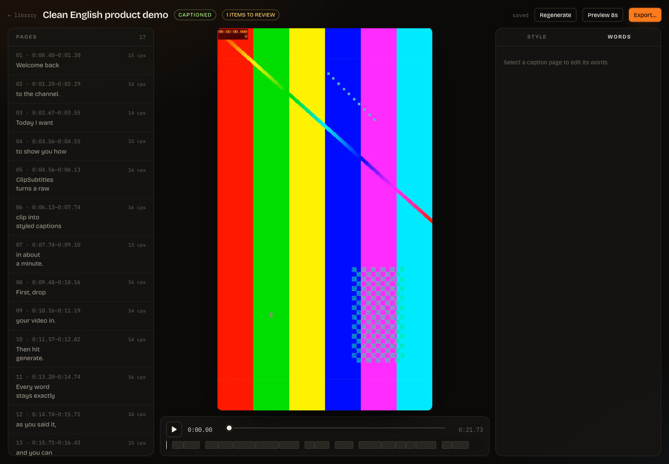 ClipSubtitles editor showing caption screens beside the video preview and editing controls.