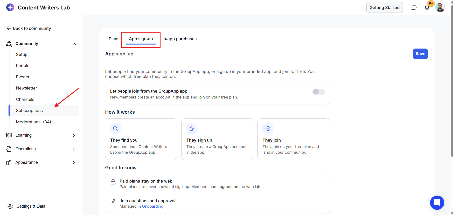 Community > Subscriptions settings show the App sign-up tab, with a red arrow pointing to Subscriptions and a red box highlighting App sign-up. Visible: Content Writers Lab, Back to community, Community, Setup, People, Events.