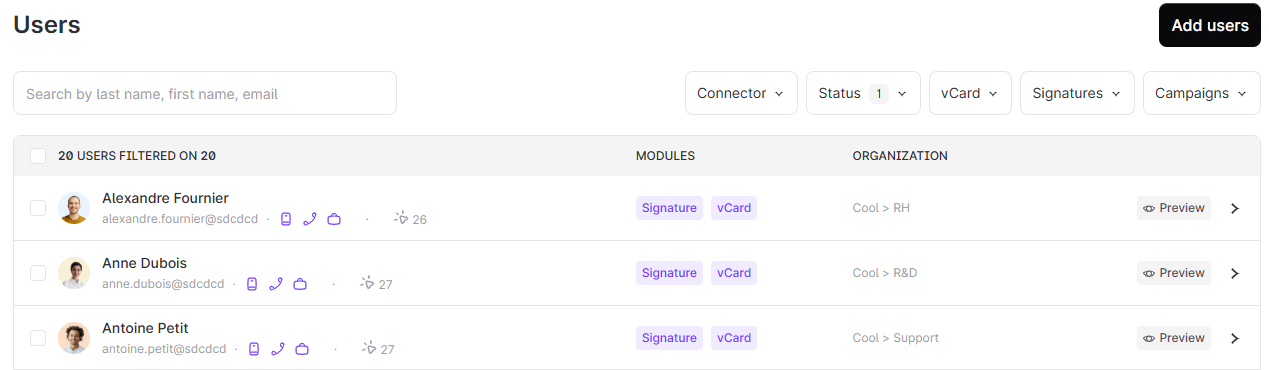 Users screen showing search and filter controls above a list of user accounts with module tags, organization names, Preview buttons, and an Add users button. Visible: Users, Add users, Search by last name, first name, email, Connector, Status, vCard.