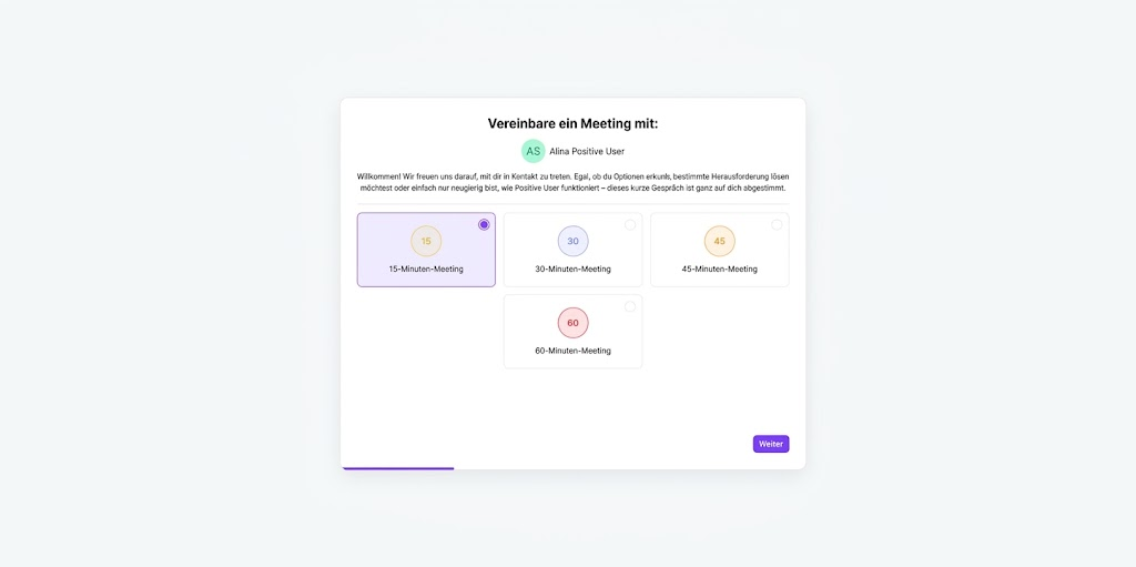 Meeting duration selection screen for Alina Positive User, with 15-minute, 30-minute, 45-minute, and 60-minute options; 15 minutes is selected. Visible: Vereinbare ein Meeting mit:, Alina Positive User, 15-Minuten-Meeting, 30-Minuten-Meeting, 45-Minuten-Meeting, 60-Minuten-Meeting.