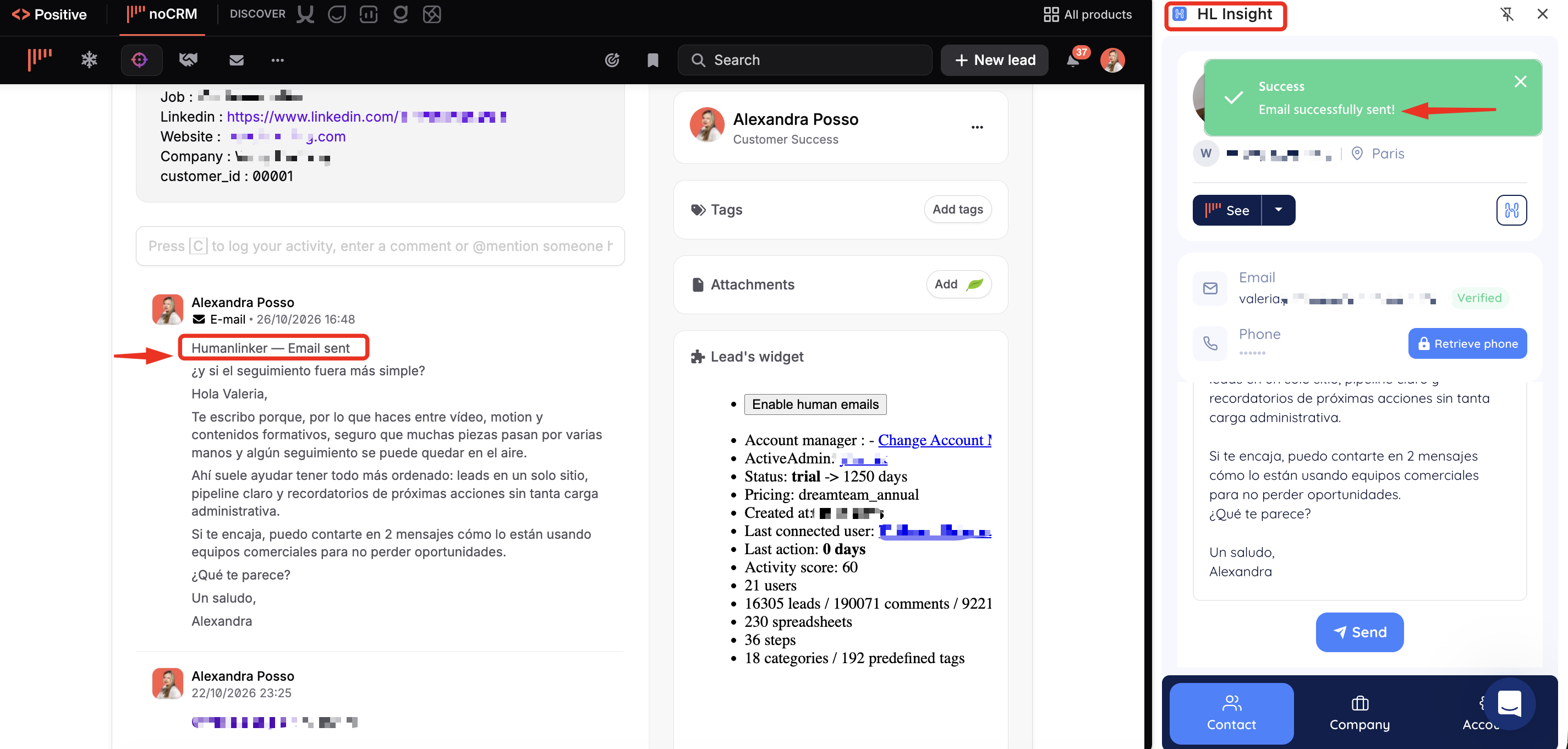 A noCRM lead record shows an email activity labeled “Humanlinker — Email sent,” alongside the HI Insight contact panel with a success notification pointing to “Email successfully sent!”. Visible: noCRM, Search, New lead, Alexandra Posso, E-mail, Humanlinker — Email sent.