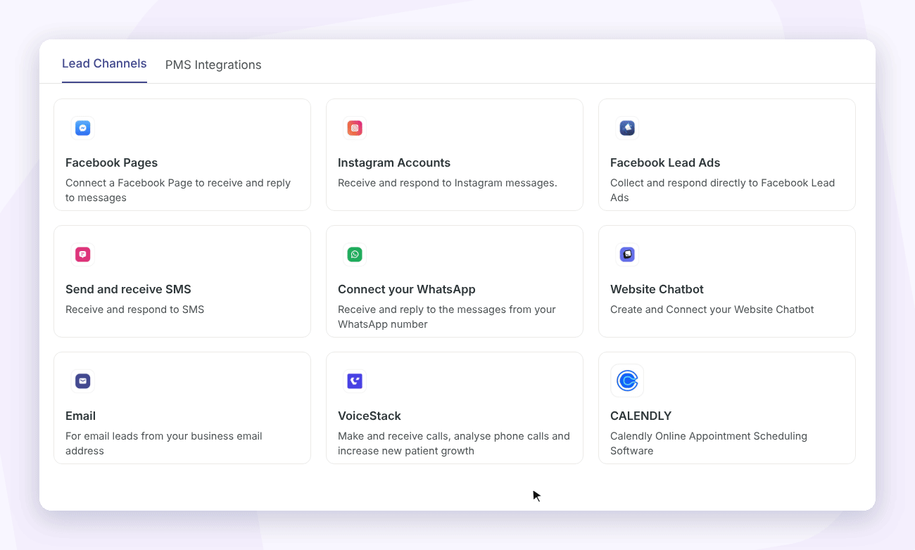 The Lead Channels screen shows a grid of nine messaging, social media, phone, email, and scheduling integrations, with a PMS Integrations tab. Visible: Lead Channels, PMS Integrations, Facebook Pages, Instagram Accounts, Facebook Lead Ads, Send and receive SMS.