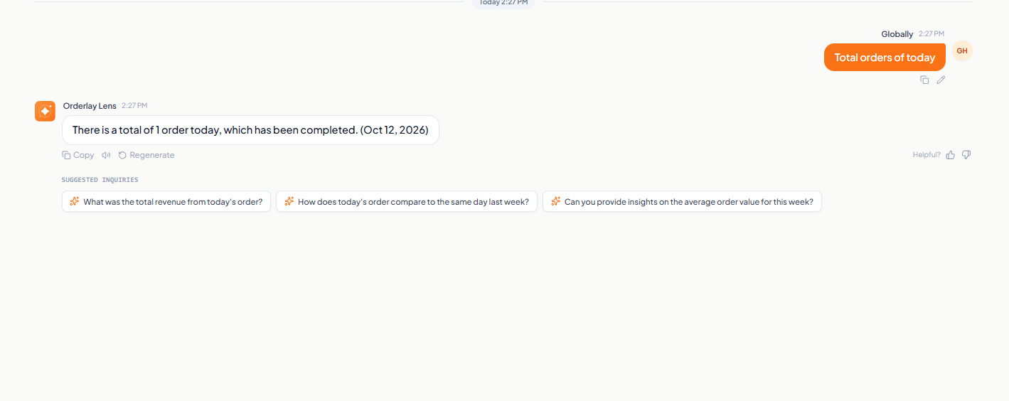 Orderlay Lens chat screen shows a Global query for total orders today, a reply reporting one completed order, and three suggested inquiries. Visible: Globally, Total orders of today, Orderlay Lens, There is a total of 1 order today, which has been completed. (Oct 12, 2026), Copy, Regenerate.