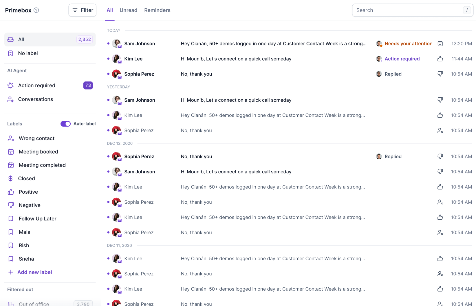 Primebox inbox screen shows the All message list with AI Agent filters, labels, sender names, message previews, response statuses, and timestamps. Visible: Primebox, Filter, All, Unread, Reminders, Search.