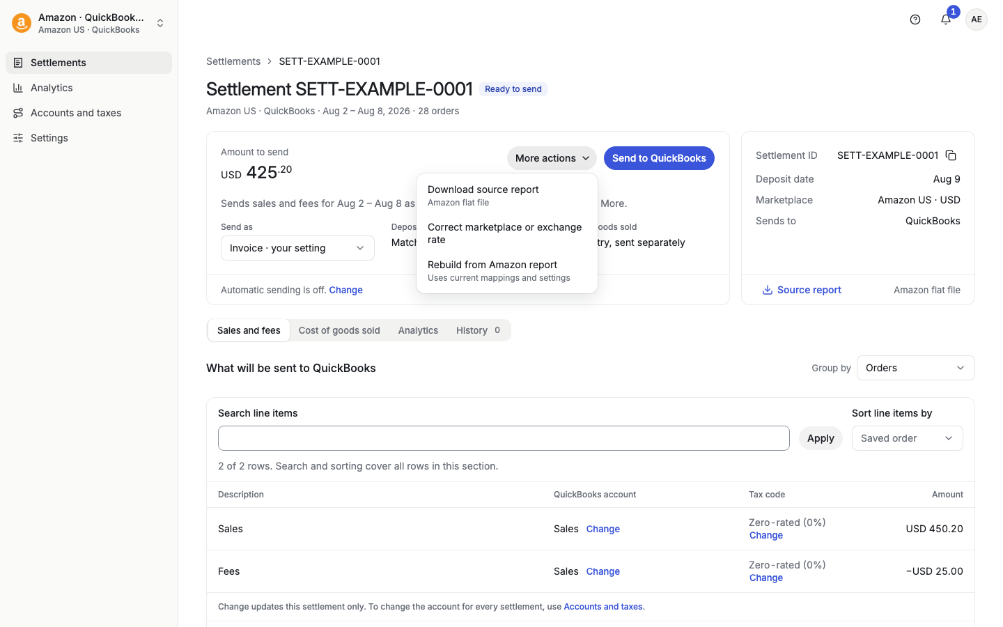 Settlement page More actions menu with Download source report and Rebuild