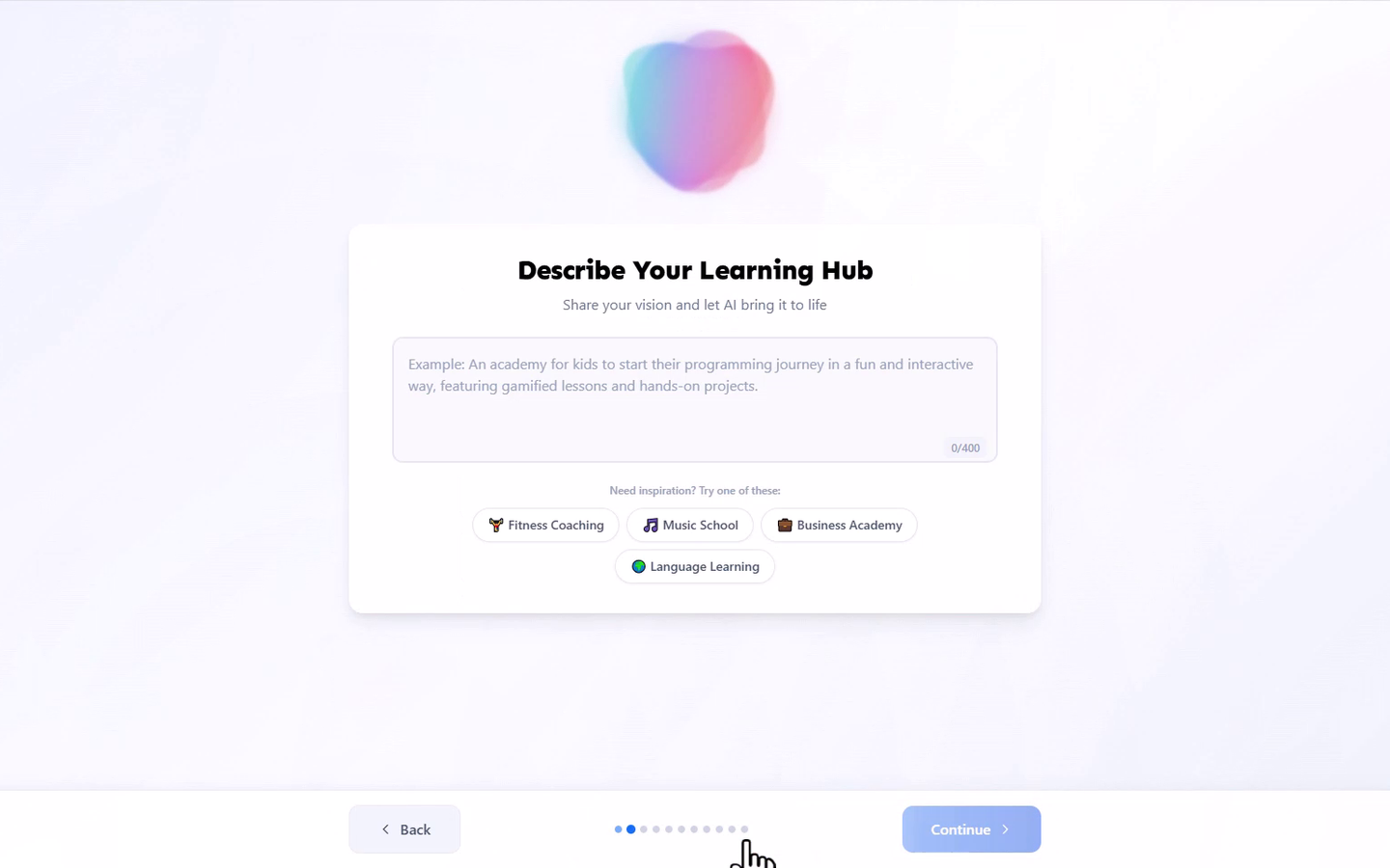 The Describe Your Learning Hub screen, showing the description field with its character count and suggested starting points