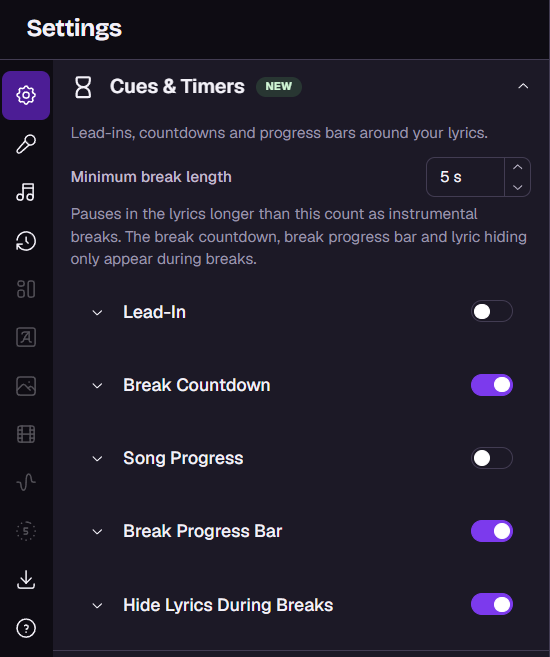 Settings screen showing the Cues & Timers section with a 5 s minimum break length and toggles for lead-in, countdown, progress, and lyric hiding. Visible: Settings, Cues & Timers, NEW, Minimum break length, 5 s, Lead-In.
