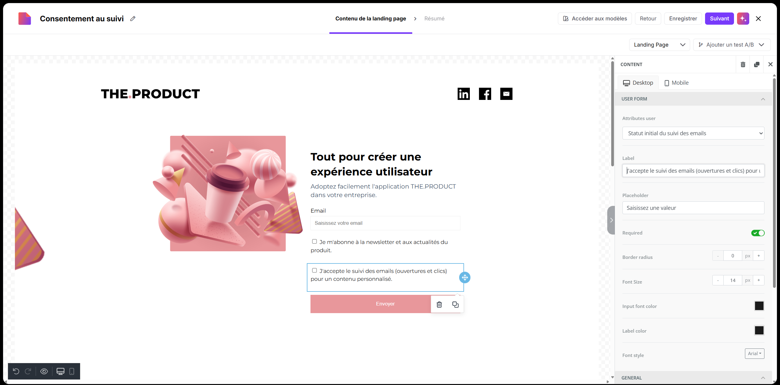 L’éditeur de landing page « Consentement au suivi » affiche le formulaire THE.PRODUCT, avec le champ de consentement au suivi des emails encadré en bleu et ses réglages dans le panneau Contenu. Visible: Consentement au suivi, Contenu de la landing page, Résumé, Accéder aux modèles, Retour, Enregistr