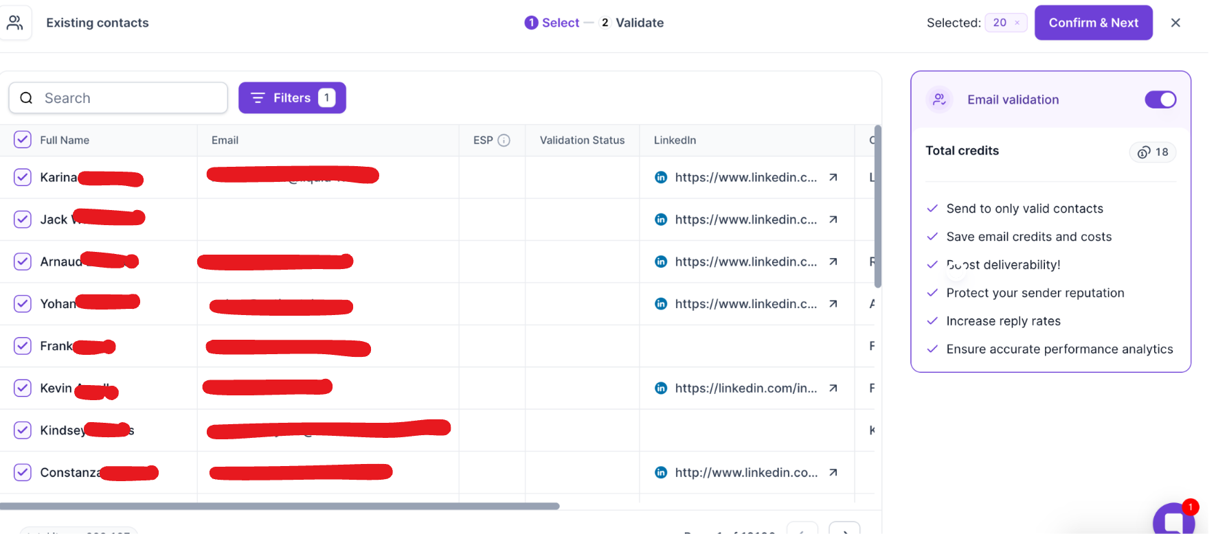 Existing contacts selection screen shows a checked contact table beside an enabled Email validation panel, with 20 contacts selected and Confirm & Next available. Visible: Existing contacts, Select, Validate, Selected:, 20, Confirm & Next.