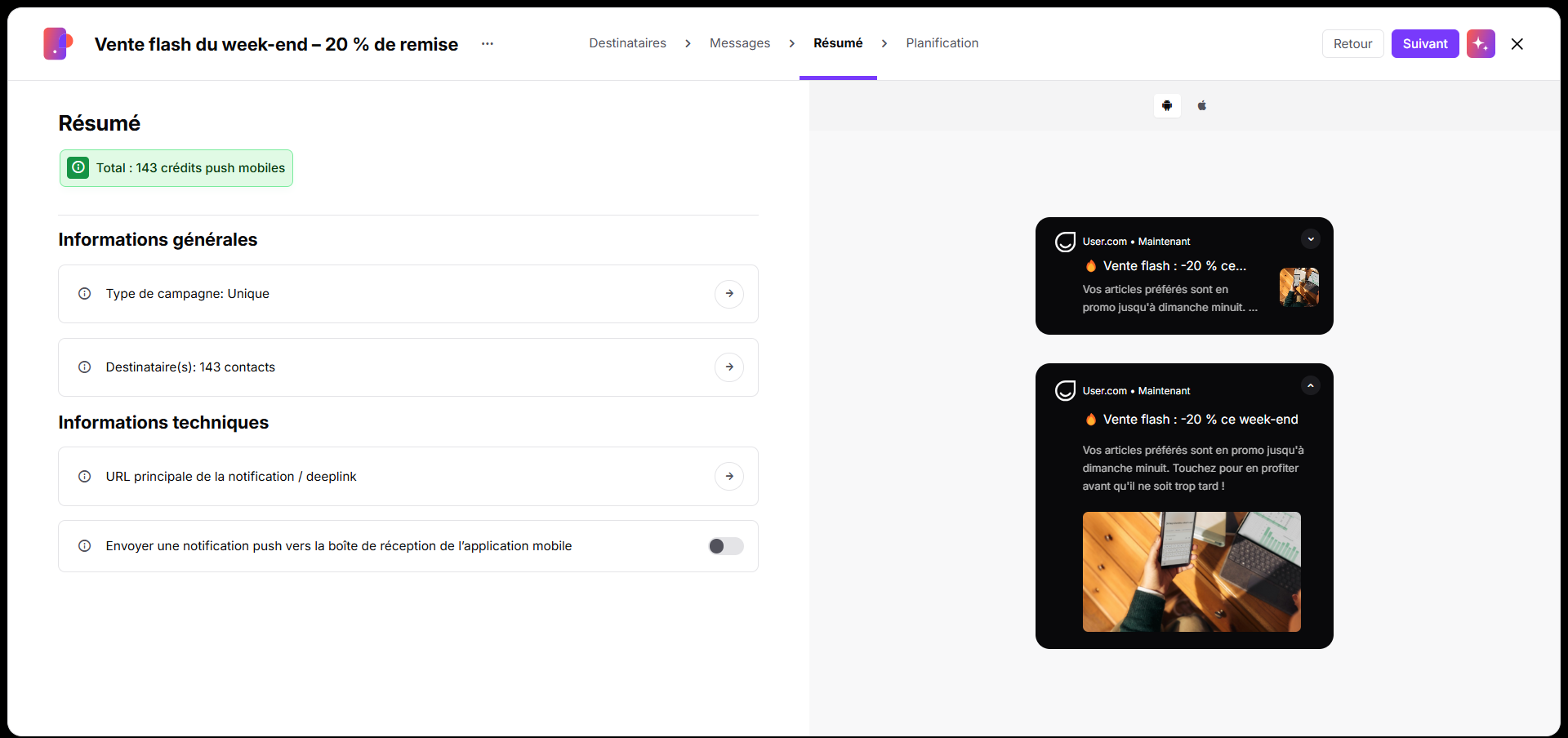 L’écran « Résumé » d’une campagne push affiche ses crédits, ses informations générales et techniques, ainsi que deux aperçus de notification mobile. Visible: Vente flash du week-end – 20 % de remise, Destinataires, Messages, Résumé, Planification, Total : 143 crédits push mobiles.