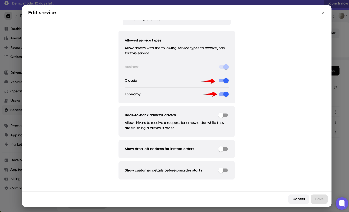 The Edit service modal shows allowed service types and other driver options; red arrows point to the enabled Classic and Economy toggles. Visible: Edit service, Allowed service types, Allow drivers with the following service types to receive jobs for this service, Business, Classic, Economy.