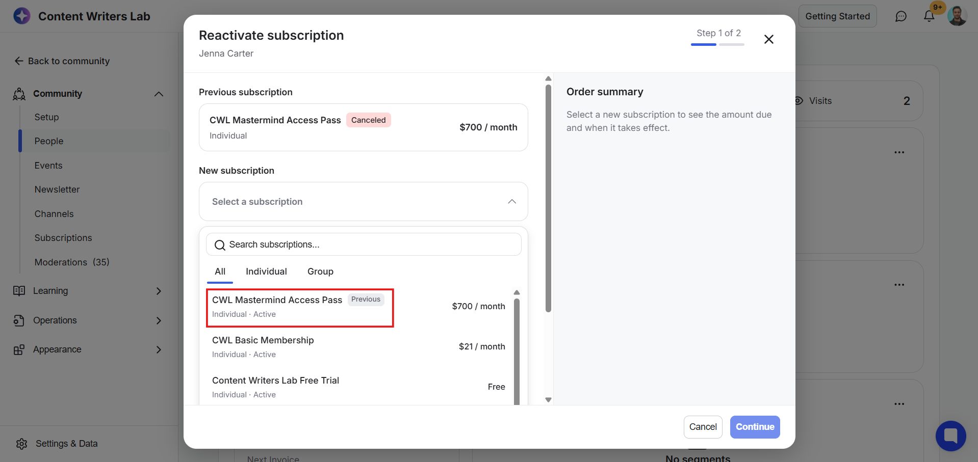 The Reactivate subscription modal for Jenna Carter shows Step 1 of 2, with a red box highlighting CWL Mastermind Access Pass in the new subscription list. Visible: Reactivate subscription, Jenna Carter, Step 1 of 2, Previous subscription, CWL Mastermind Access Pass, Canceled.
