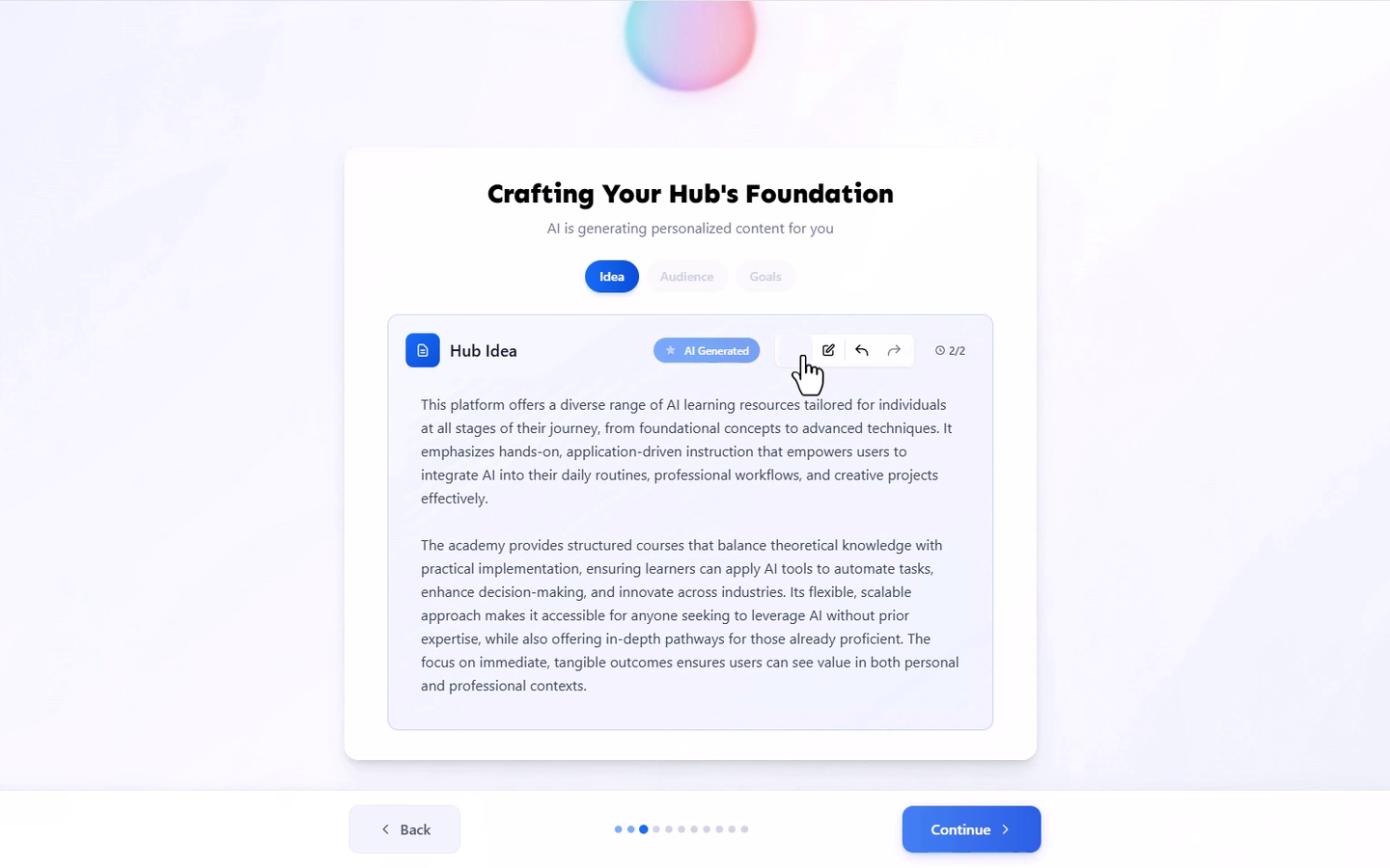 The Crafting Your Hub's Foundation screen, showing the Idea, Audience, and Goals tabs and an AI-generated field with Retry, Edit, Undo, and Redo controls