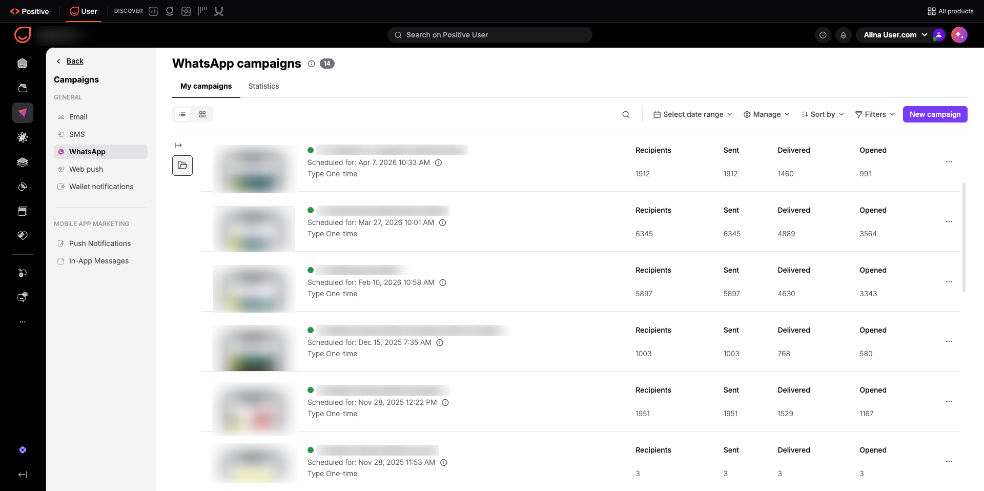 WhatsApp campaigns page showing the My campaigns list with scheduled campaign rows and recipient, sent, delivered, and opened counts. Visible: WhatsApp campaigns, My campaigns, Statistics, Campaigns, GENERAL, Email.