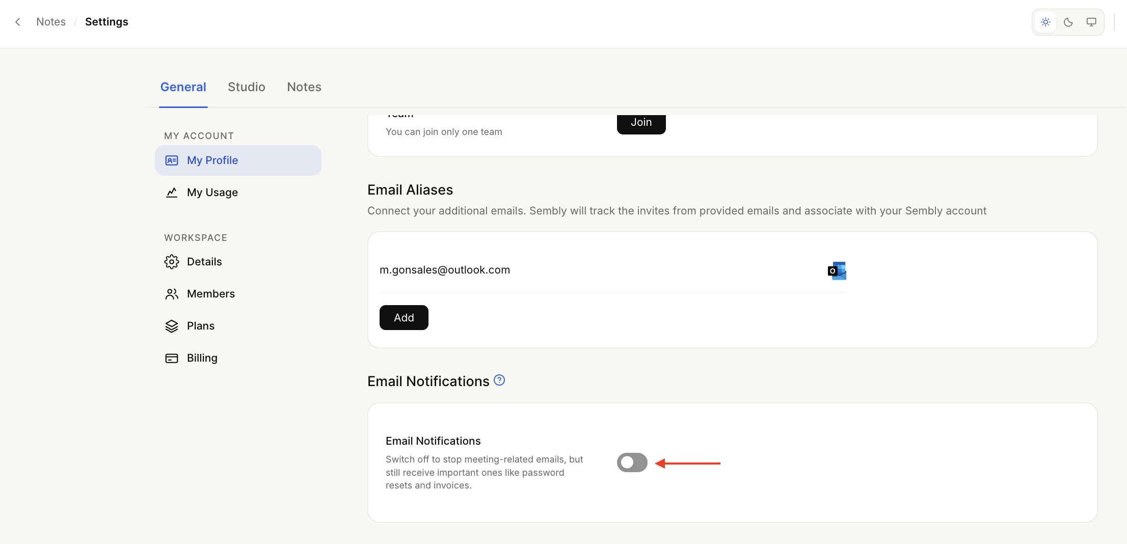 General Settings > My Profile shows Email Aliases and Email Notifications; a red arrow points to the off email notification toggle. Visible: Notes, Settings, General, Studio, My Profile, My Usage.