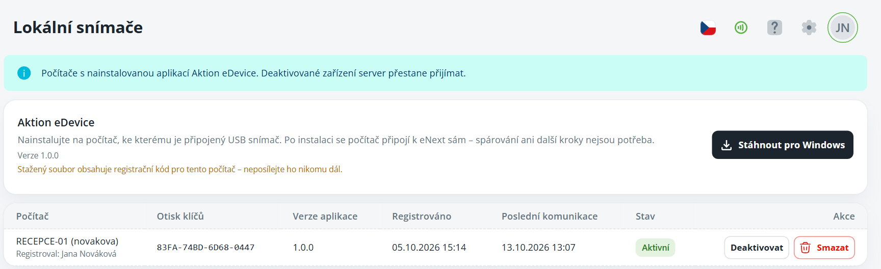 Stránka Lokální snímače zobrazuje informace a tlačítko ke stažení aplikace Aktion eDevice a tabulku registrovaných počítačů. Visible: Lokální snímače, Aktion eDevice, Verze 1.0.0, Stáhnout pro Windows, Počítač, Otisk klíčů.
