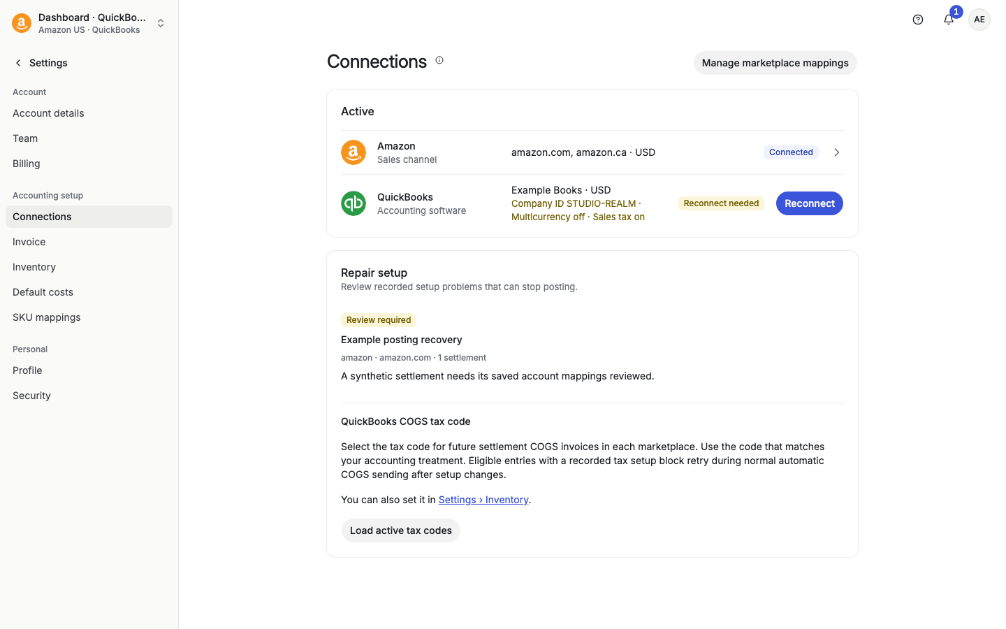 Connections page with a Reconnect needed badge next to QuickBooks