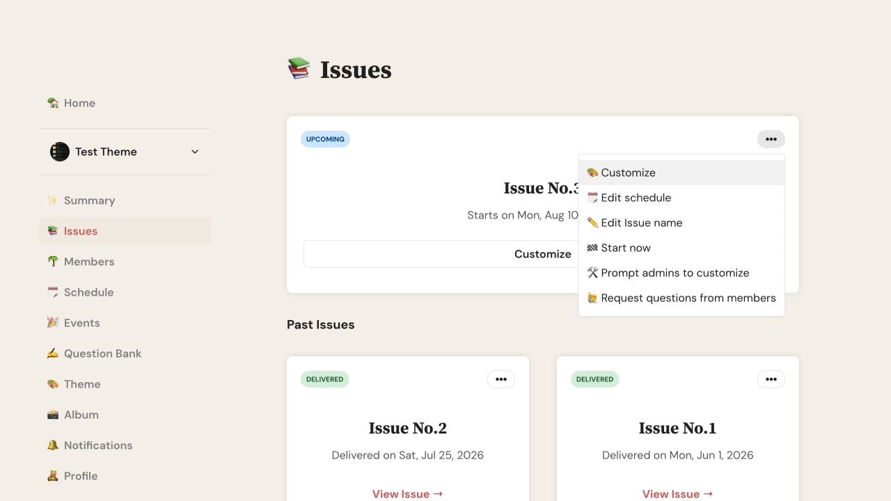 Letterloop Issues page on web with the Upcoming Issue Options menu open and Start now visible.