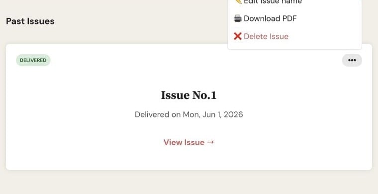 Delivered Issue Options menu on the Letterloop web Issues page with Download PDF near the bottom.