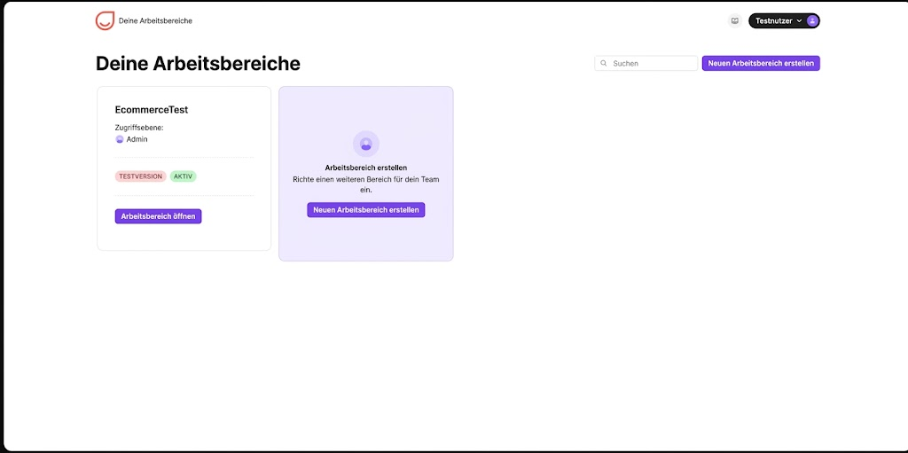 The Arbeitsbereiche page shows an EcommerceTest workspace card and options to open it or create a new workspace. Visible: Deine Arbeitsbereiche, Suchen, Neuen Arbeitsbereich erstellen, EcommerceTest, Zugriffsebene:, Admin.