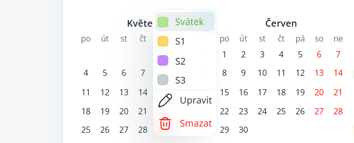 A calendar view shows an open legend menu between the Květen and Červen month grids, with color-coded Svátek, S1, S2, and S3 entries plus Upravit and Smazat actions. Visible: Květen, Červen, Svátek, S1, S2, S3.