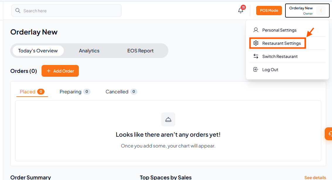 Orderlay New dashboard with the account menu open; an orange box and arrow highlight Restaurant Settings. Visible: Search here, Orderlay New, POS Mode, Owner, Personal Settings, Restaurant Settings.