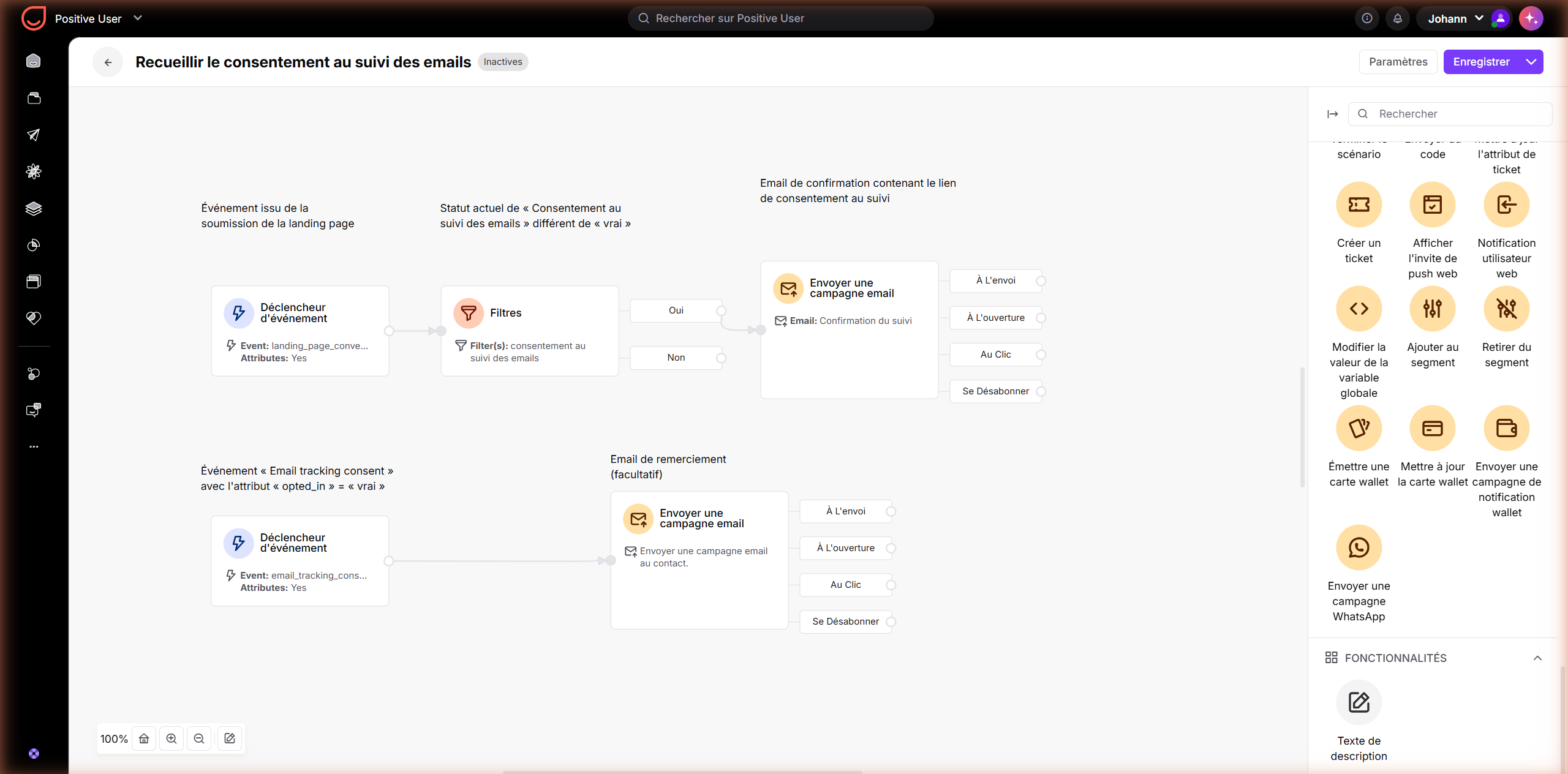 The automation workflow editor for “Recueillir le consentement au suivi des emails” shows event triggers, a consent filter, confirmation and optional thank-you email steps, and an actions panel. Visible: Recueillir le consentement au suivi des emails, Inactives, Paramètres, Enregistrer, Déclencheur
