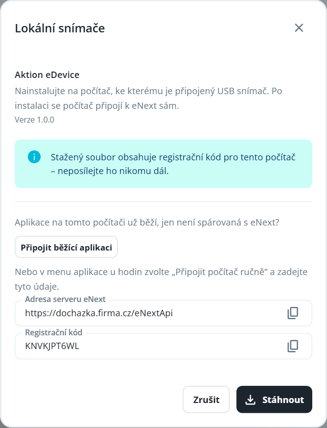 Dialog for Lokální snímače shows eDevice installation details, registration code, server address, pairing instructions, and download and cancel buttons. Visible: Lokální snímače, Aktion eDevice, Nainstalujte na počítač, ke kterému je připojený USB snímač. Po instalaci se počítač připojí k eNext sám.