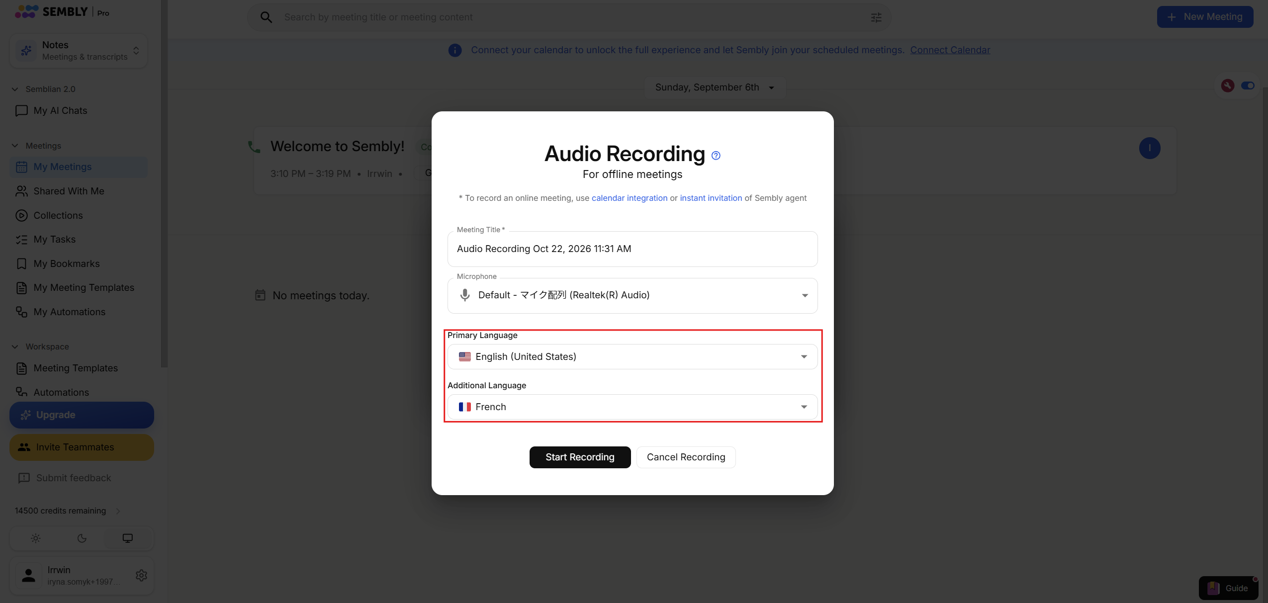 The Audio Recording modal for offline meetings shows meeting and microphone settings, with a red box highlighting Primary Language and Additional Language selectors. Visible: Audio Recording, For offline meetings, Meeting Title *, Audio Recording Oct 22, 2026 11:31 AM, Microphone, Default - マイク配列 (R