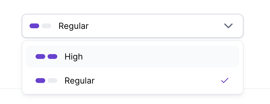 A priority dropdown menu shows High and Regular options, with Regular selected and a checkmark beside it. Visible: Regular, High.