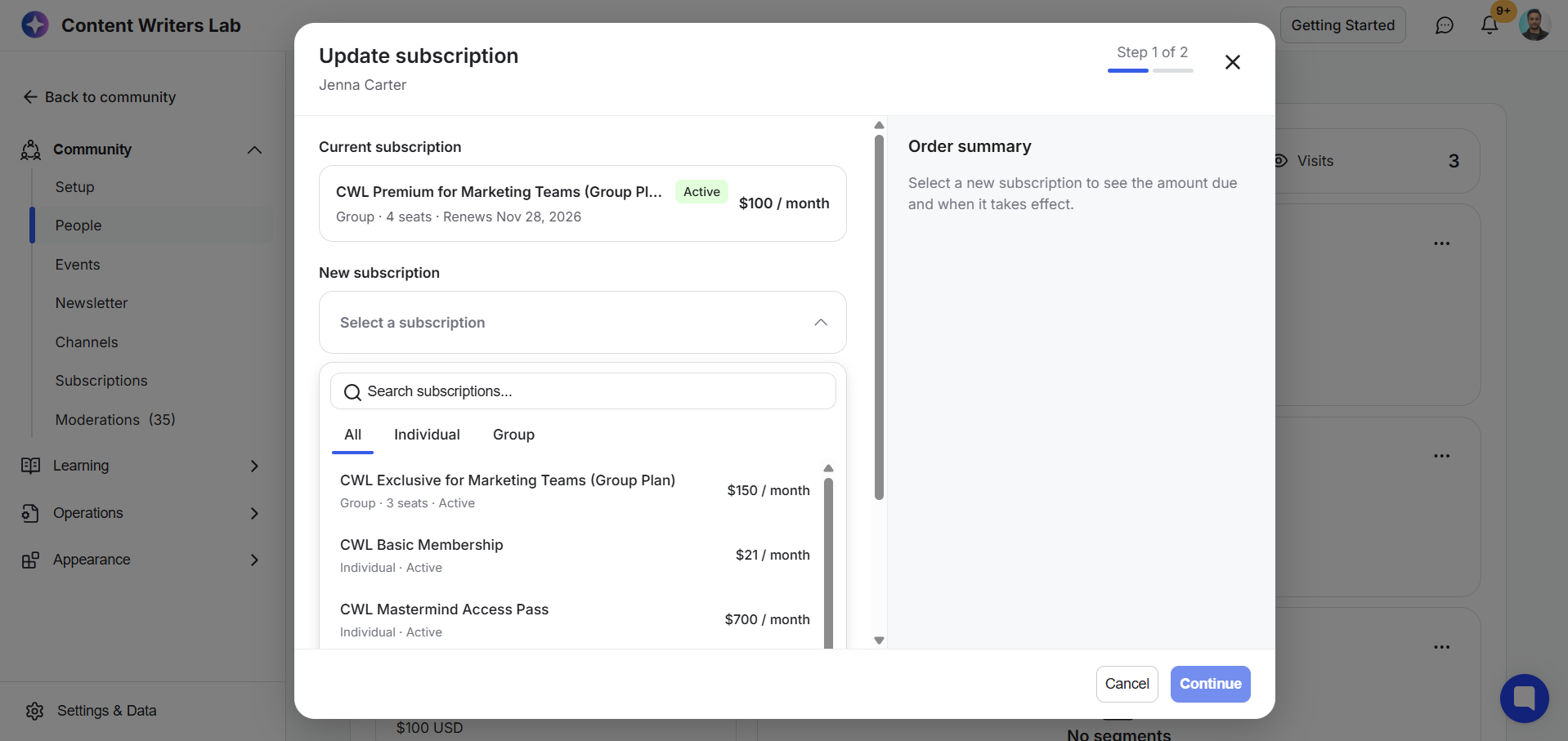 The Update subscription modal for Jenna Carter shows the current plan, a searchable new subscription list, an order summary, and Step 1 of 2. Visible: Update subscription, Jenna Carter, Step 1 of 2, Current subscription, Active, New subscription.