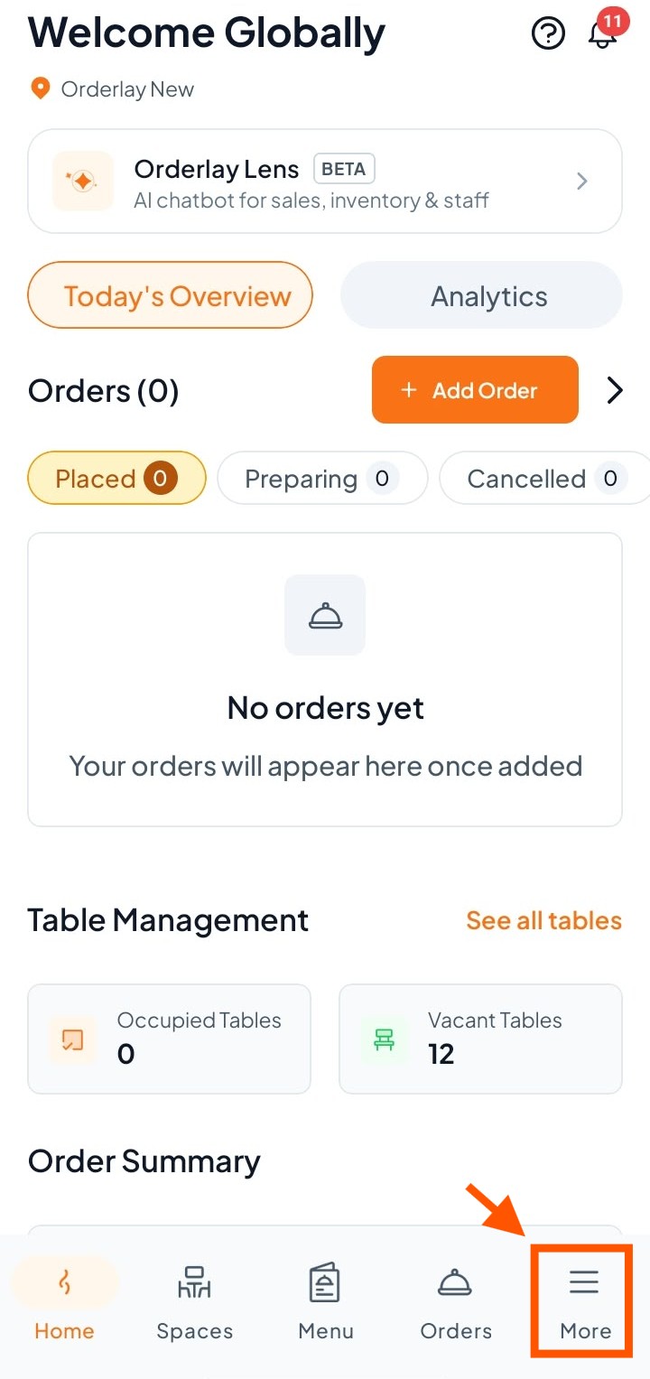 The Orderlay New home dashboard shows today's orders, table management, and order summary; an orange arrow points to the More tab in the bottom navigation. Visible: Welcome Globally, Orderlay New, Orderlay Lens, BETA, Today's Overview, Analytics.