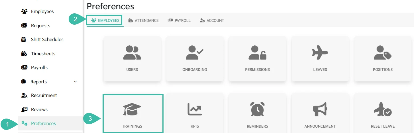 Preferences screen with the Employees tab selected, showing settings tiles including Trainings, which is outlined and pointed to by callout 3. Visible: Preferences, EMPLOYEES, ATTENDANCE, PAYROLL, ACCOUNT, USERS.