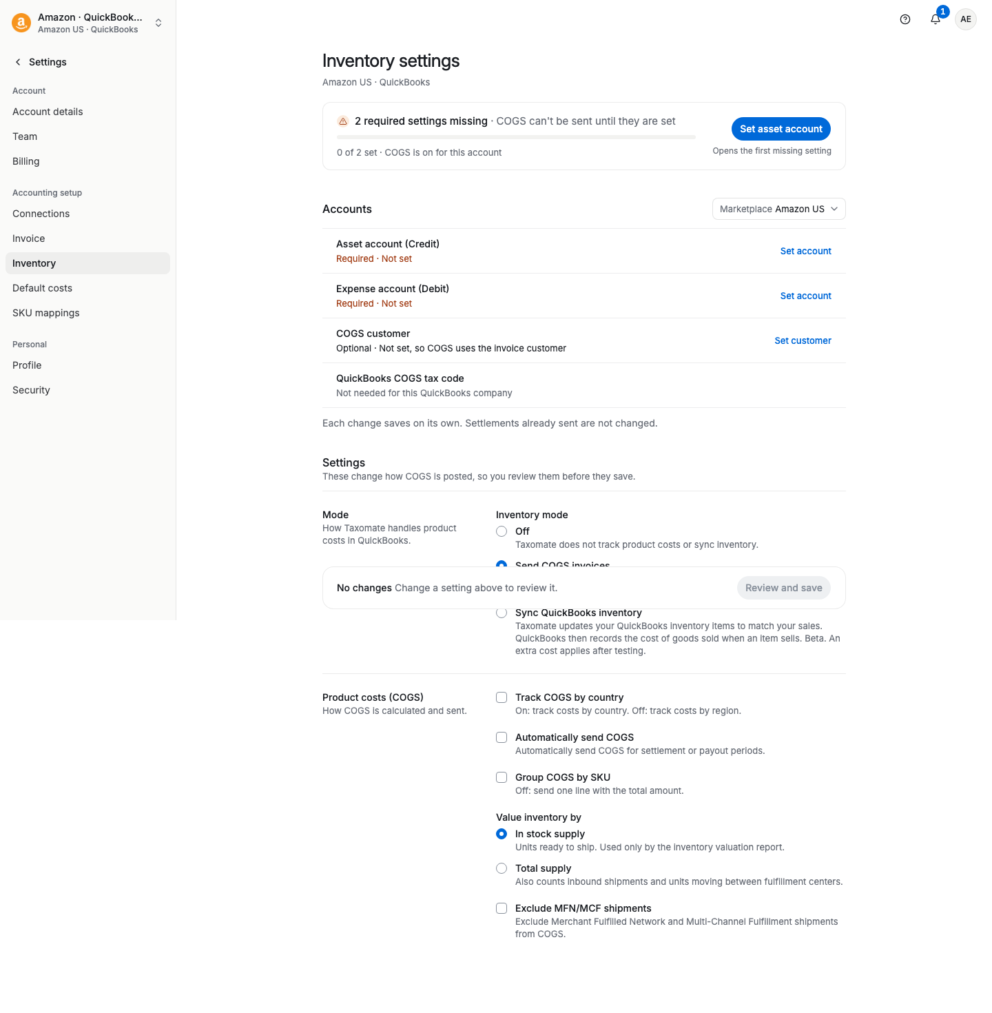Inventory settings with the Mode choices including Sync QuickBooks inventory