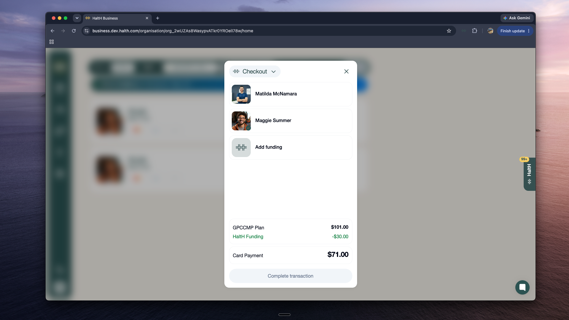Checkout modal on the HalTH Business screen lists two people, an Add funding option, plan and funding amounts, and a $71 card payment. Visible: Checkout, Matilda McNamara, Maggie Summer, Add funding, GPCCMP Plan, $101.00.