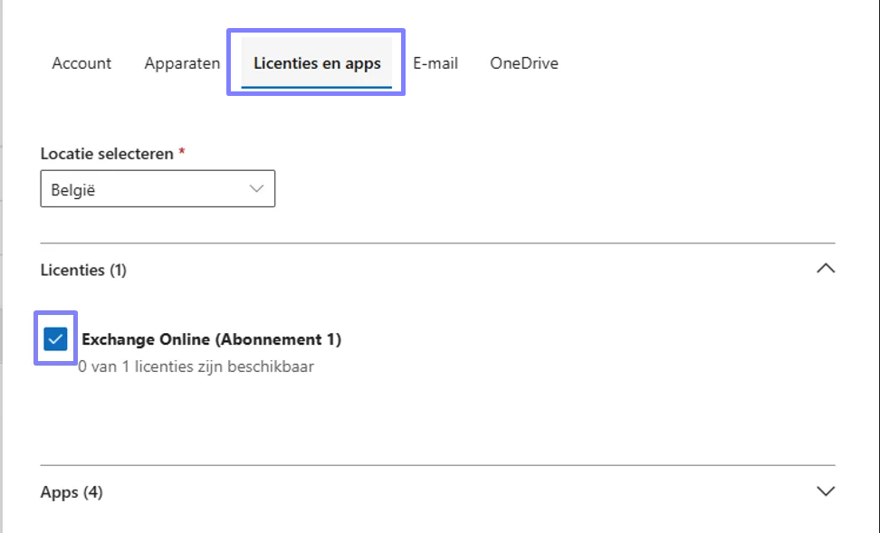 The Licenties en apps tab shows Belgium selected and the checked Exchange Online subscription under Licenties. Visible: Account, Apparaten, Licenties en apps, E-mail, OneDrive, Locatie selecteren.