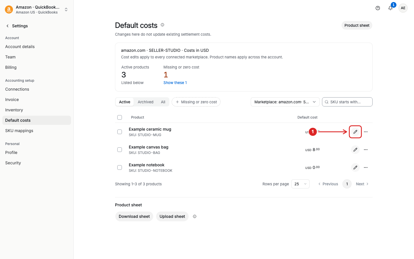 Edit a default product cost
