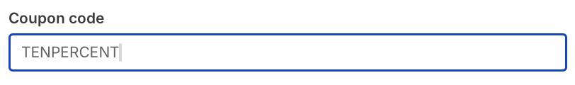 Checkout coupon code field contains “TENPERCENT” and has a blue focus outline. Visible: Coupon code, TENPERCENT.