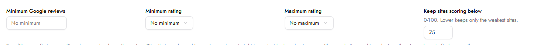 A settings form shows Google review and rating filters, including minimum reviews, minimum and maximum ratings, and a score threshold for keeping sites. Visible: Minimum Google reviews, No minimum, Minimum rating, Maximum rating, No maximum, Keep sites scoring below.