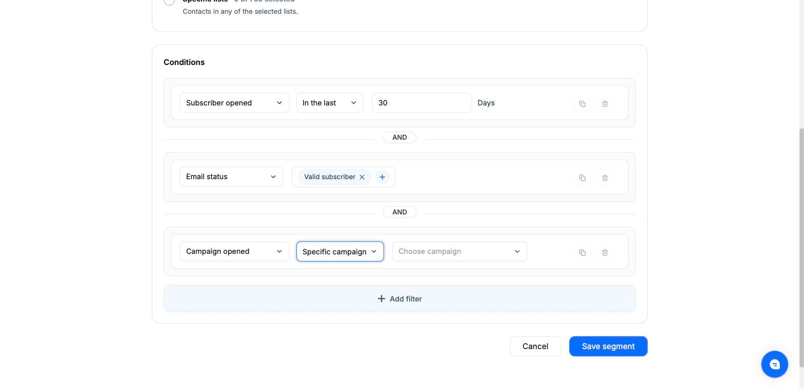 Mailercloud segment builder screenshot