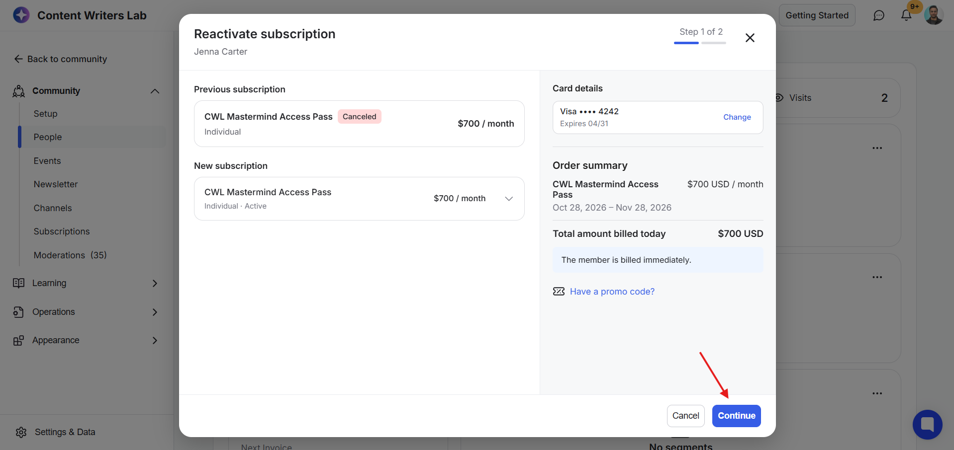 The Reactivate subscription dialog for Jenna Carter shows the canceled and new plans, card details, and order summary; a red arrow points to Continue. Visible: Reactivate subscription, Jenna Carter, Step 1 of 2, Previous subscription, CWL Mastermind Access Pass, Canceled.