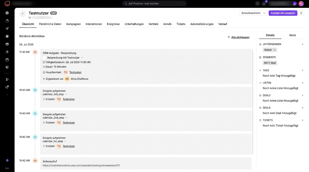 The Testnutzer contact’s Übersicht screen shows a timeline of recent activities and a right sidebar with Details and Notiz sections. Visible: Testnutzer, Übersicht, Persönliche Daten, Kampagnen, Interaktionen, Ereignisse.