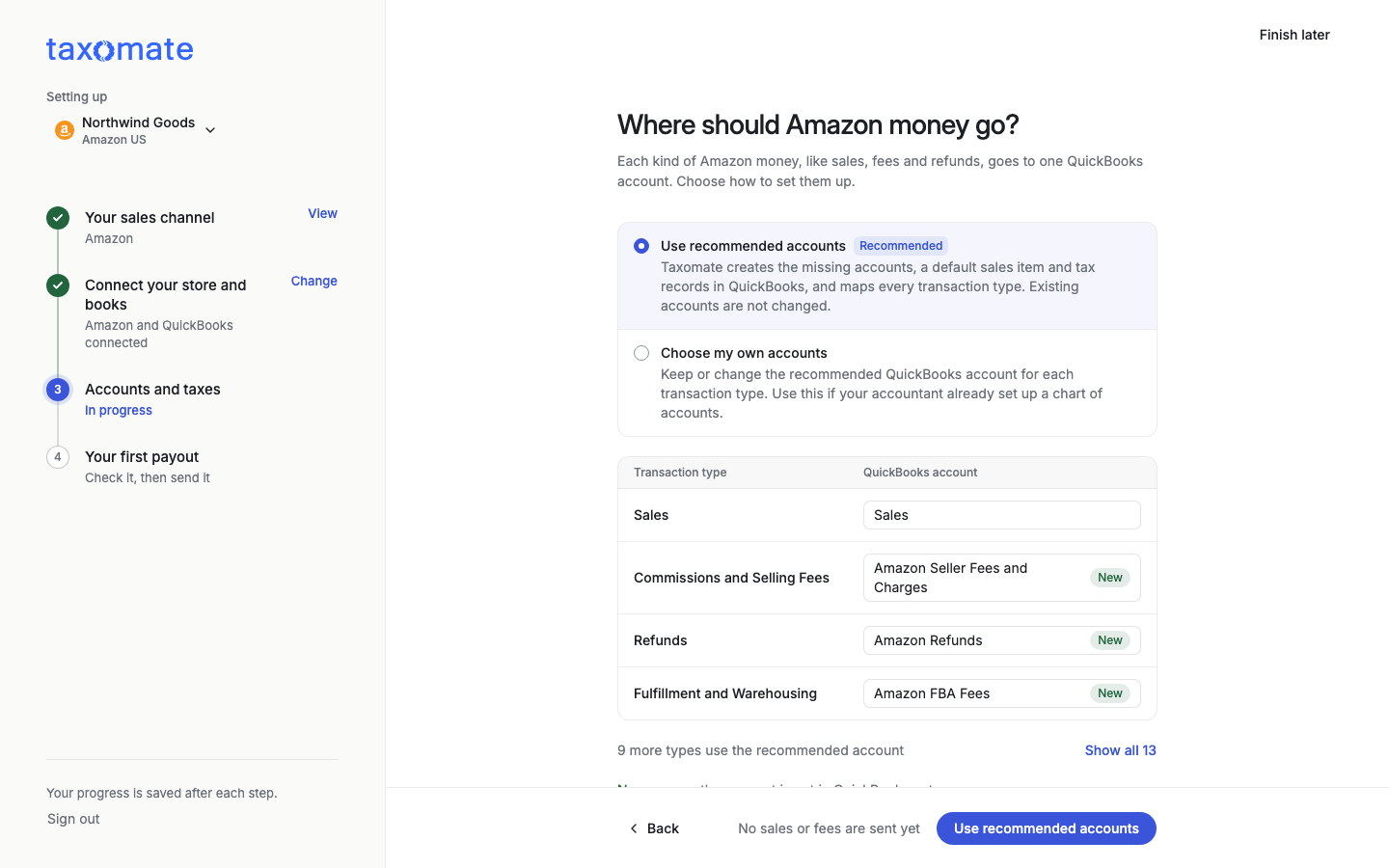 Where should Amazon money go? with Use recommended accounts selected