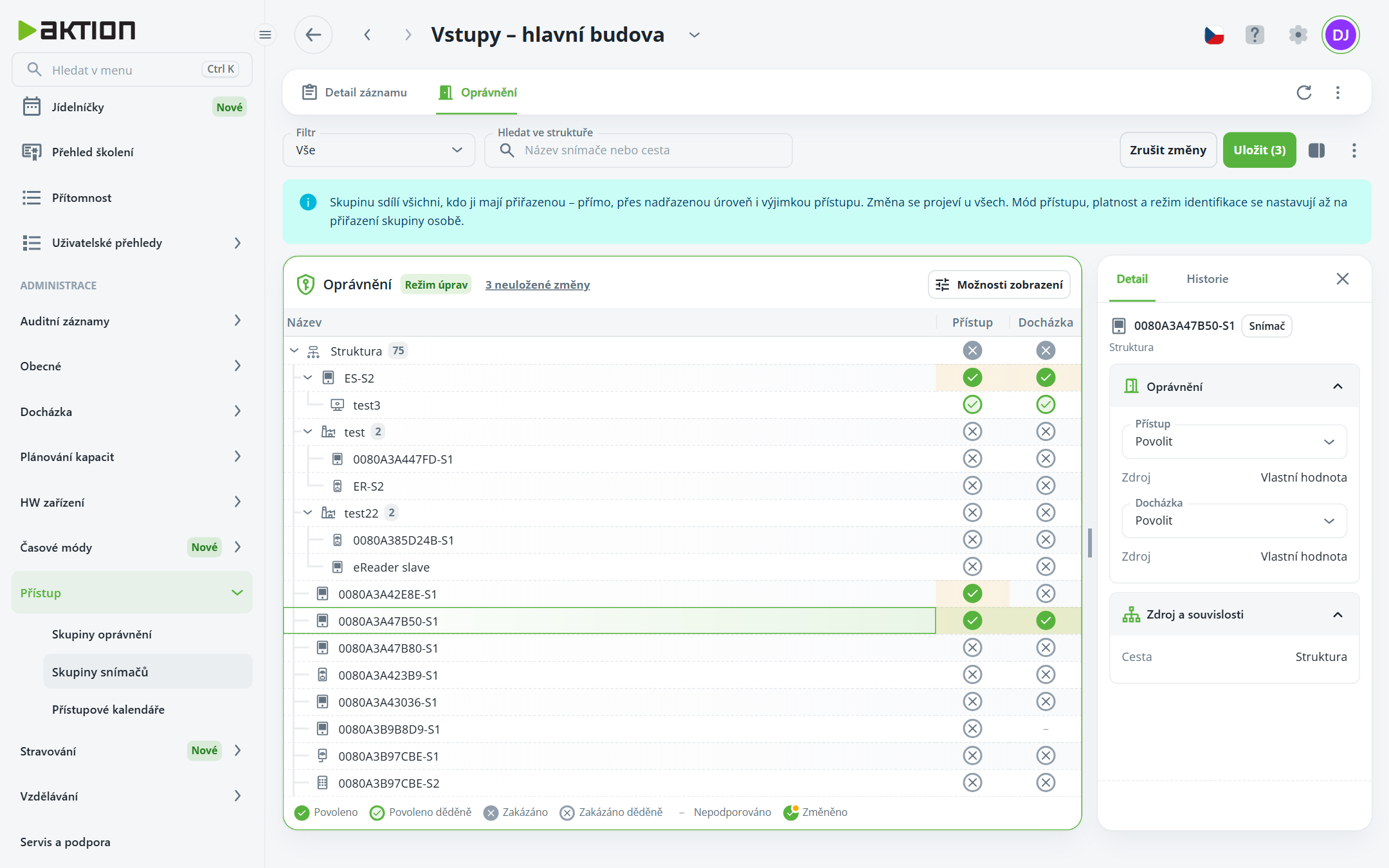 The Access > Sensor groups screen shows the permissions tree for “Vstupy - hlavní budova,” with sensor 0080A3A47B50-S1 selected and its access and attendance settings open in the Detail panel. Visible: Vstupy - hlavní budova, Oprávnění, Skupiny snímačů, Zrušit změny, Uložit (3), Režim úprav.