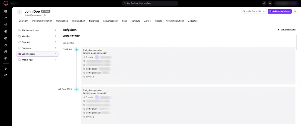 John Doe’s Interaktionen tab shows the Aufgaben activity timeline with Landingpages selected and landing_page_conversion events listed. Visible: John Doe, Übersicht, Personal information, Kampagnen, Interaktionen, Ereignisse.
